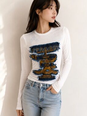 Womens Sheer Mesh Graphic Long Sleeve Top White Stretch See Through Y2K Size M